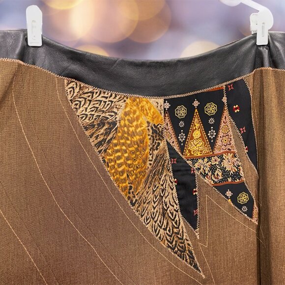 KOOS OF COURSE Boho Brown Tweed Skirt with Animal Print & Leather Trim Size 20W - Picture 6 of 8